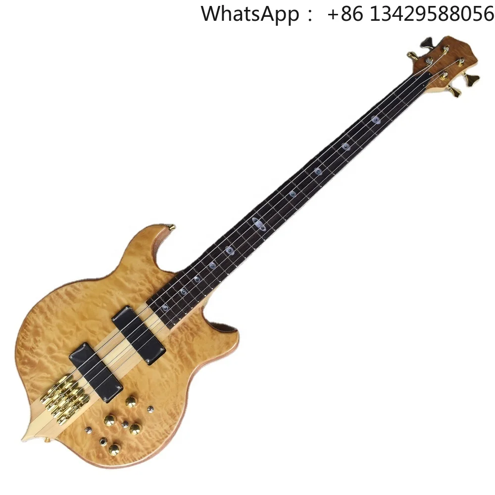 Flyoung Natural Wood Color Neck Through Body 4 Strings Electric Bass Guitar Flame Maple Veneer
