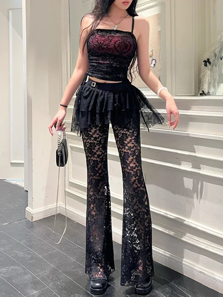 2025 New Vintage Dark Gothic Sexy Lace Pants Women Streetwear Harajuku Aesthetic Y2k See Through Irregular Hem Flare Pants Femme