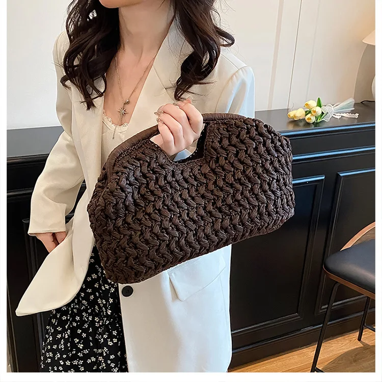 Summer Woven Clutch Bag Light Luxury Brand New Highend Seaside Vacation Travel Large Capacity Straw Woven Women Simple Clip Bag