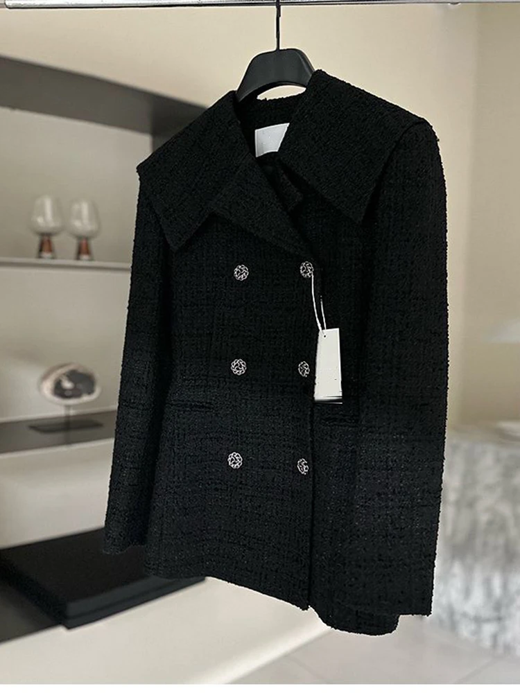 Korean Chic Vintage Tweed Jacket Blazer Coat For Women Small Fragrant Woolen Coats Elegant Fashion Outerwears