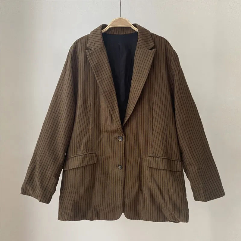 Johnature Vintage Striped Linen Suit Jackets 2024 Spring New Casual Turn-down Collar All Match Loose Button Women Coats