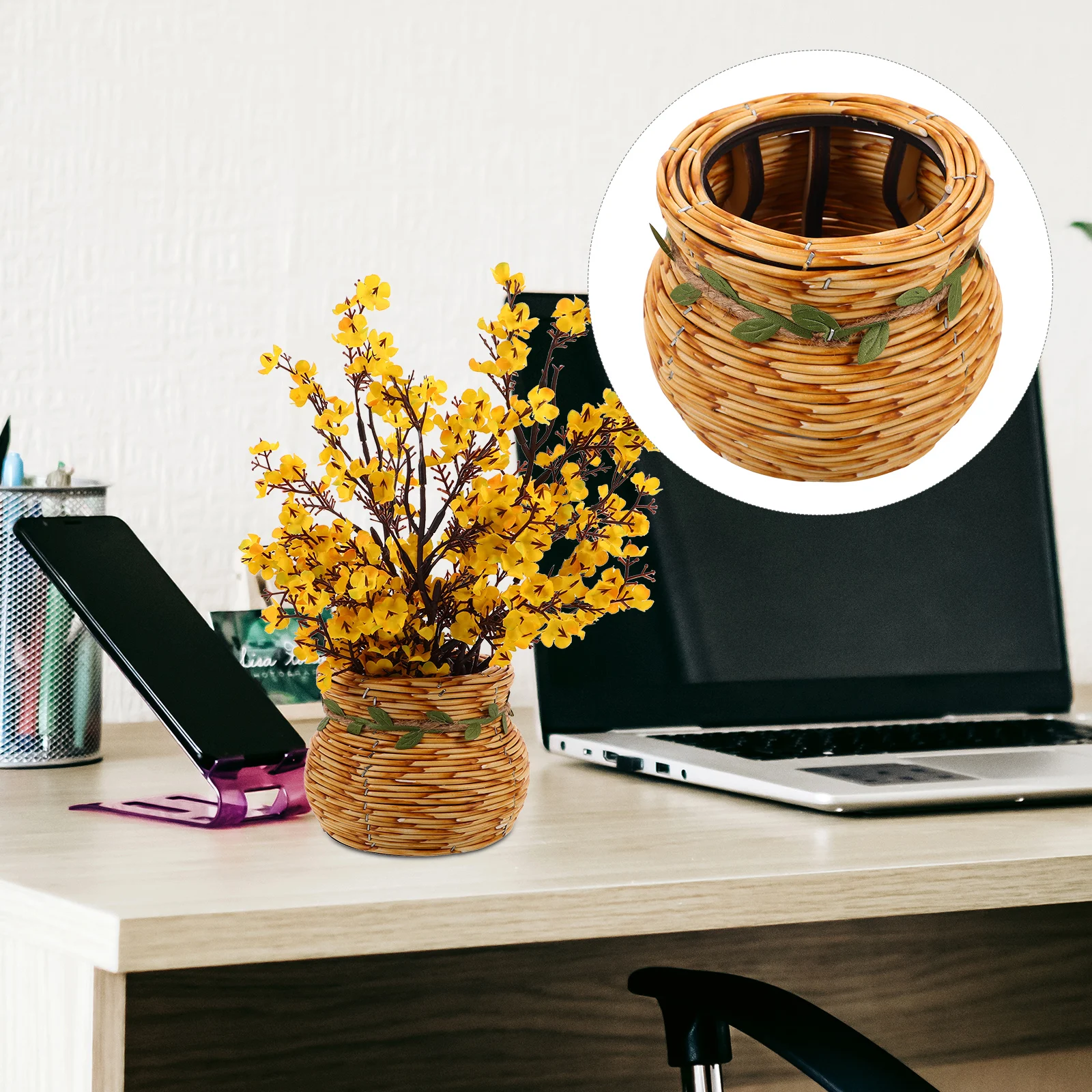 

1pcs Woven Flower Basket Handmade Rattan Planter For Home Office Decor Desktop Storage Indoor Plants Multipurpose Vintage Style