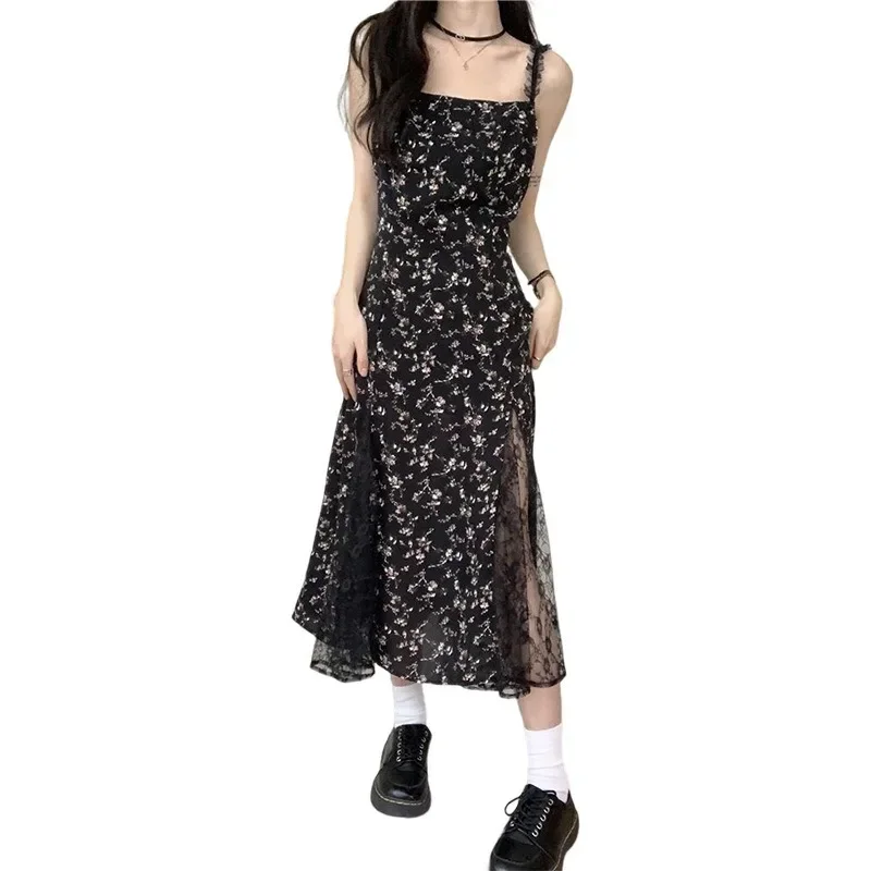 2025 New Spring Summer Vintage Black Floral Dress Women Korean Mesh Irregular Split Slip Long Chiffon Fairy Vestidos Y2k Dresses