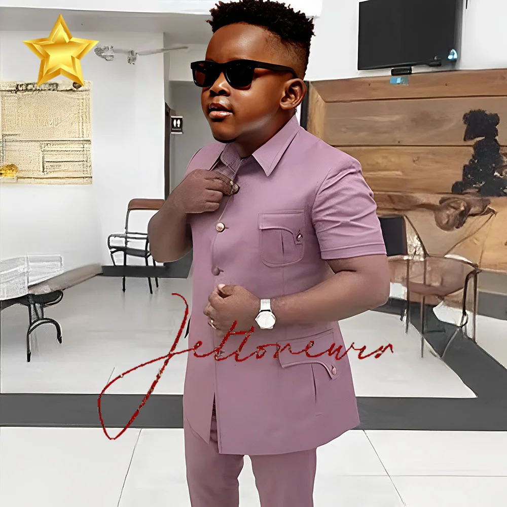 Summer Boy's Suits Solid Color Short Sleeve Single Breasted Stand Lapel Casual Outfits 2 Piece Jacket Pants Set Slim Fit Kids