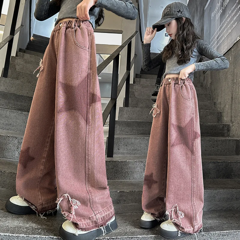 New Fashion Children Star Jeans for Girls Elegant Loose Wide-leg Denim Pants Kids Teenager Street All-match Mopping Trousers