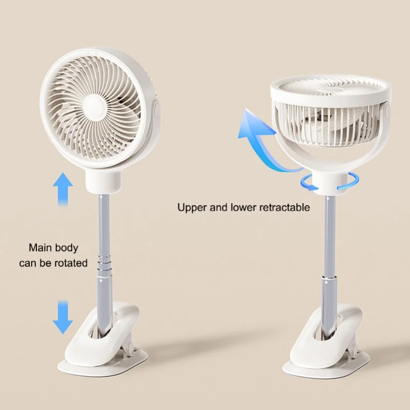 Oscillating Desk Clip On Fan Telescopic 4 Speeds Quiet USB Rechargeable Portable Small Stand Fan With LED Night Light For Home