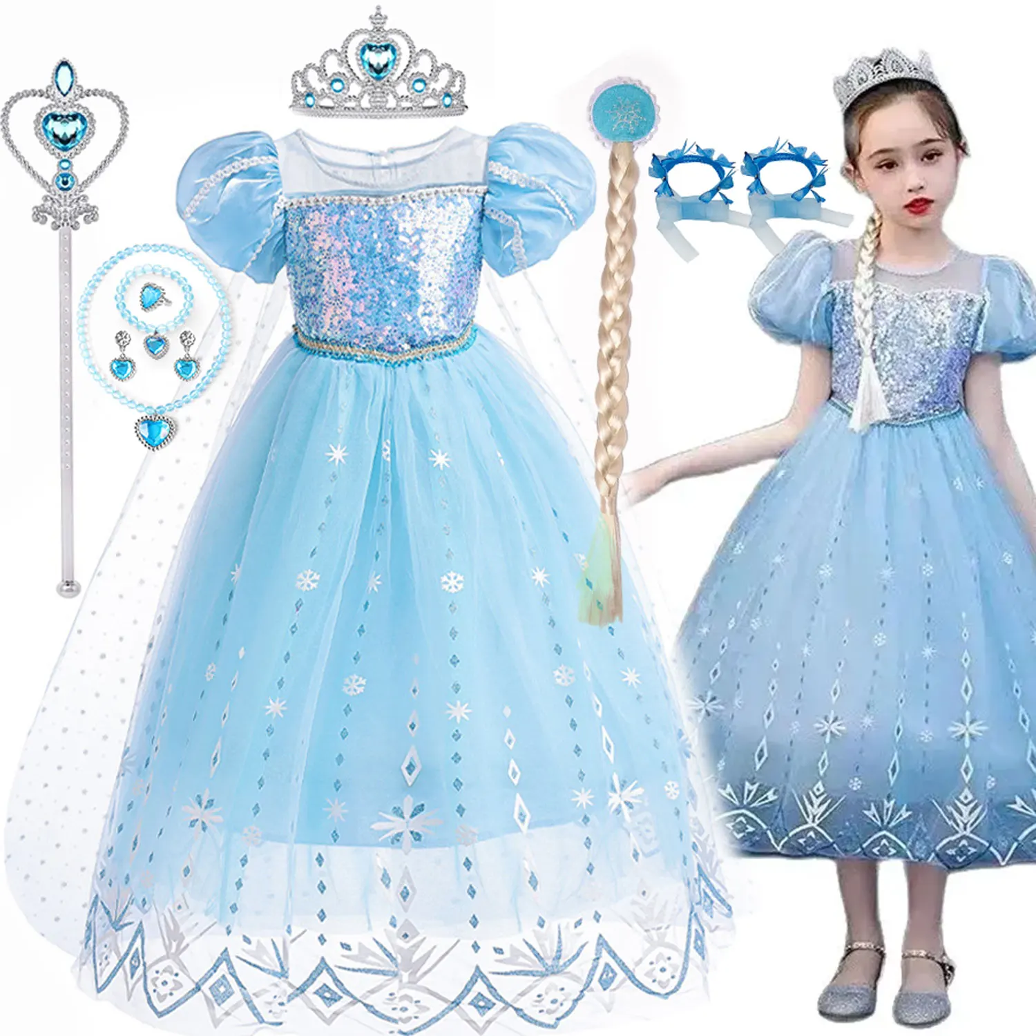 

Disney New Frozen Costume Princess Dress for Girls 2024 White Sequined Carnival Clothing Kids Halloween Cosplay Snow Queen Elsa