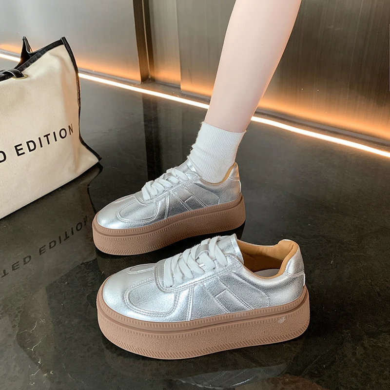 Gold Silver Fashion Women Sneakers High Platforms Comfort Casual Ladies Shoes Round Toe Cross-tied Genuine Leather Shoes Woman