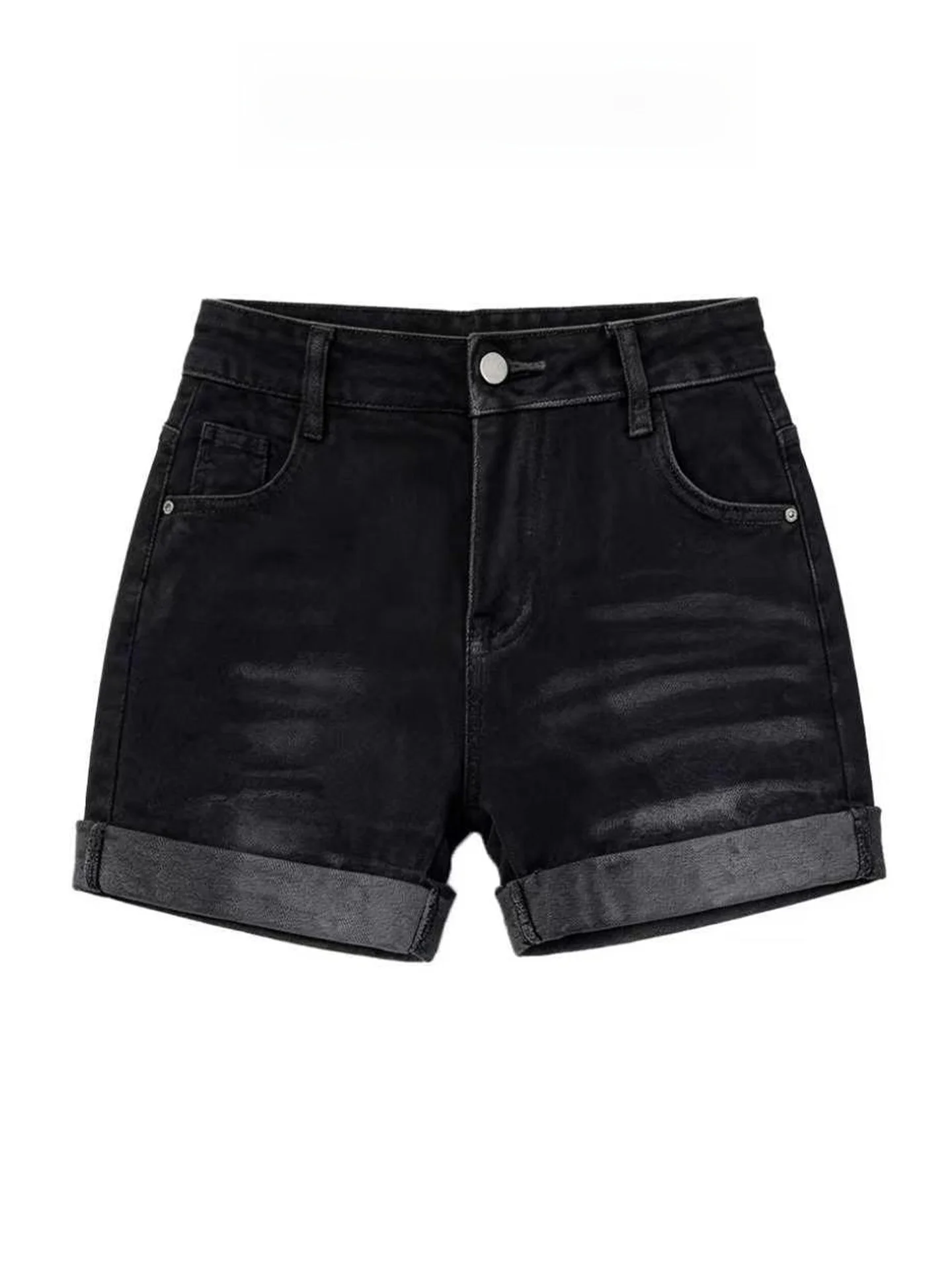 Deep Blue American Retro Cuffed Denim Shorts Women's Summer Low Waist Elastic Slim A-Line Wrap Hot Pants Straight Leg High Waist