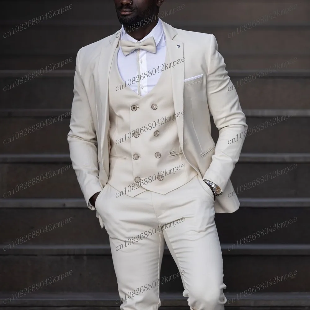 

New Ivory Formal Occasion Men Suit Groom Groomsman Wedding Party Prom Business Male Tuxedos 3 Piece Set Blazer Vest Pants