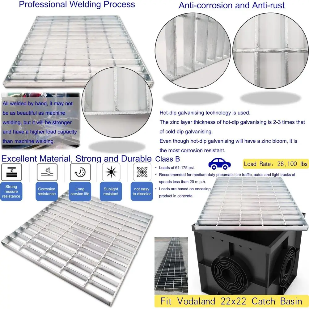 

Heavy-Duty Silver Galvanized Steel Drain Grate, 22x22 for Outdoor Catch Basins, B-Class Replacement Cover, Suitable for Driveway