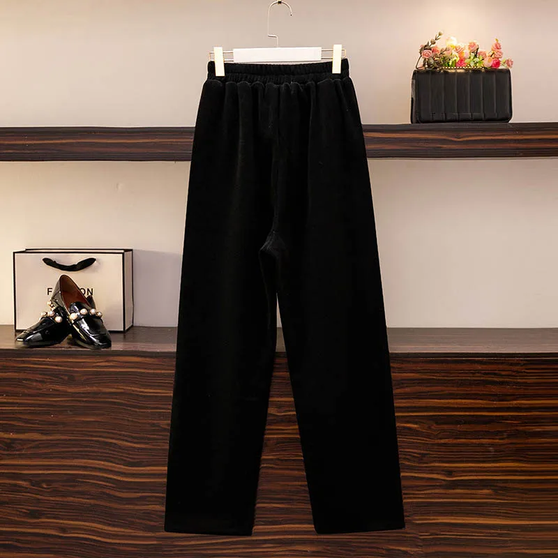 150Kg Plus Size Women's Hip 147 Autumn Loose Chenille High Waist Sag Straight Pants Black Apricot 5XL 6XL 7XL 8XL 9XL