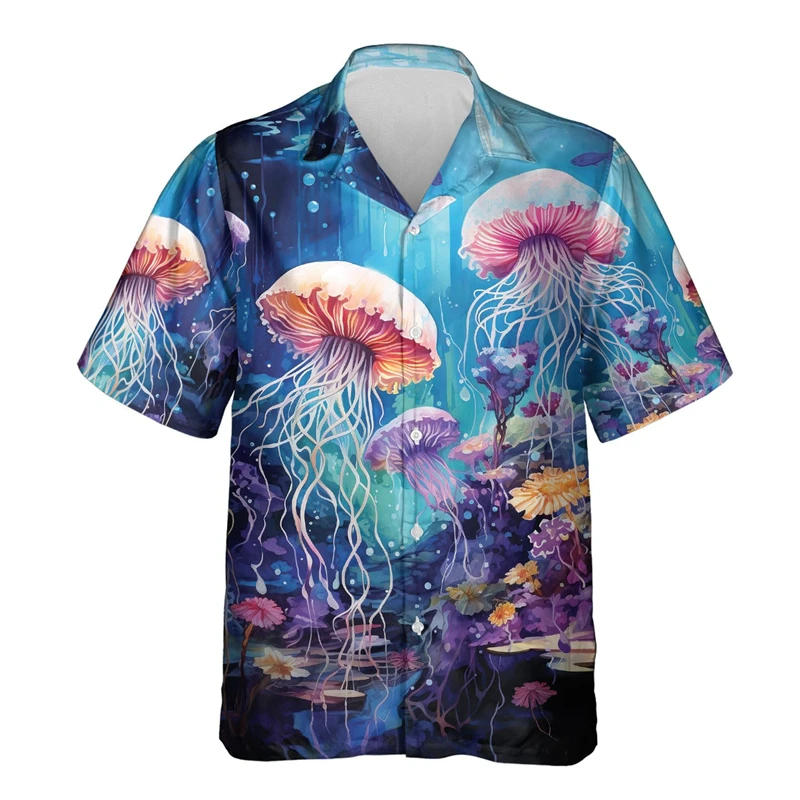 Neon Jellyfish Graphic Beach Shirts Beautiful Seanimal 3D Printed Shirt For Men Clothes Casual Women Lapel Blouse Cute Male Tops