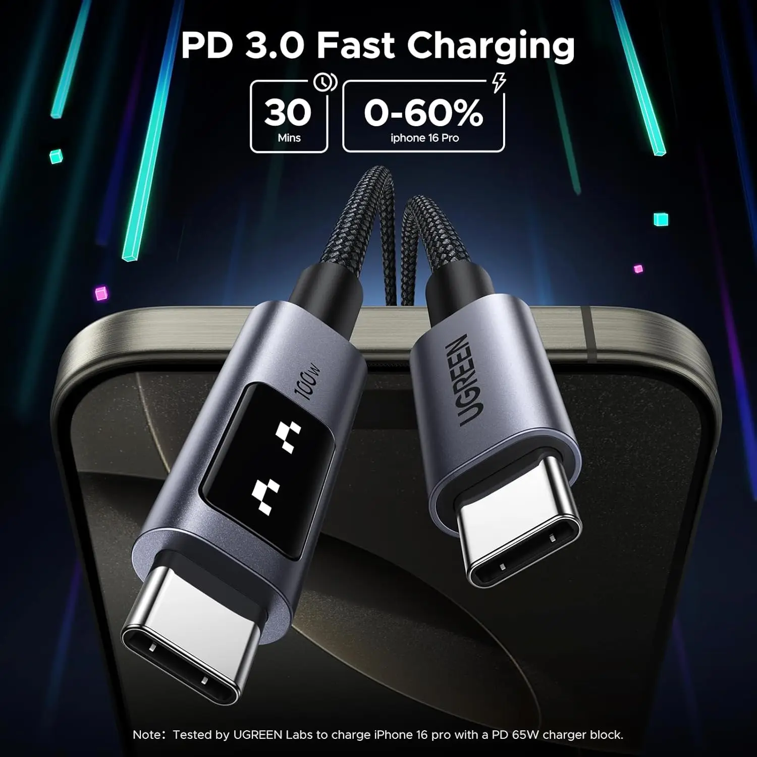 유그린 USB C to USB C 케이블 100W 고속 충전 케이블 타입 C 충전 코드 LED 디스플레이 포함 아이폰 16용