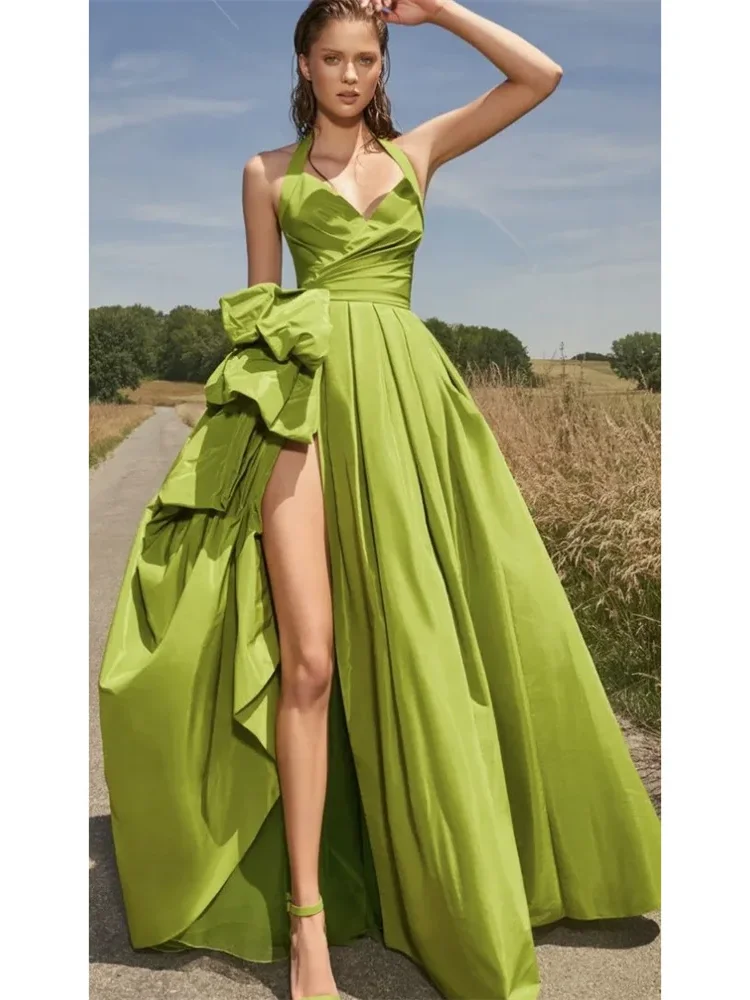 Sexy Light Green Camisole Dress Satin High Slit Pleated Evening Dress Formal Special Occasion Party Dance Dress Customization