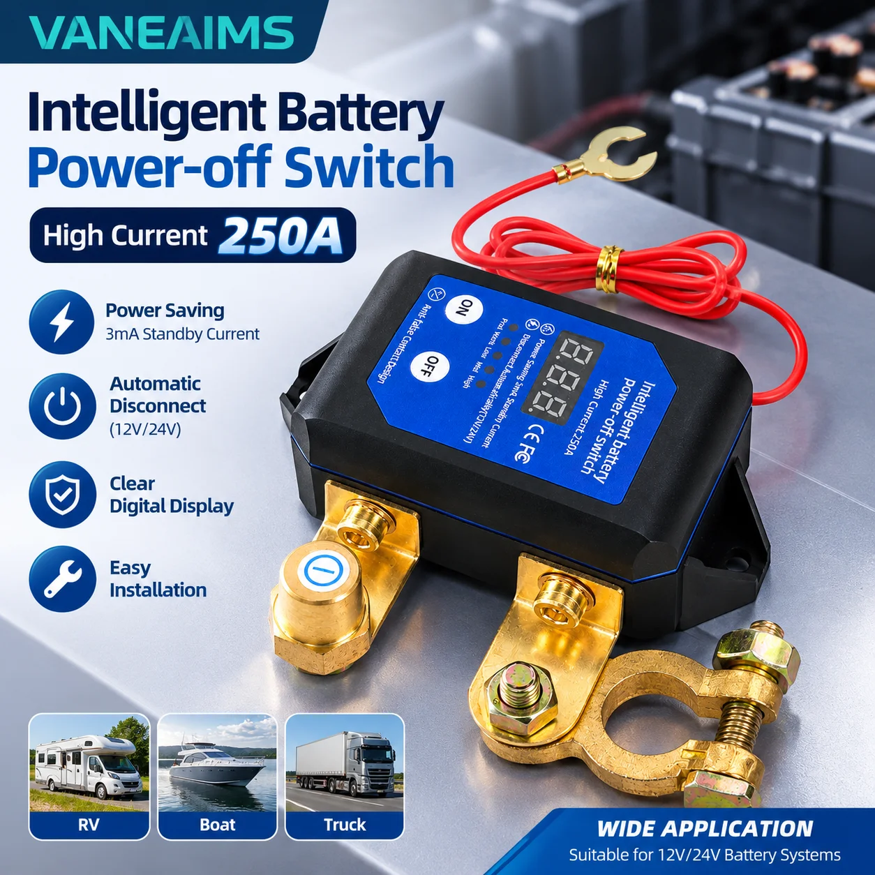 Battery Disconnect Switch Kill Switch Remote Control Power 12V 24V 250A Shut Off Cut Off With LED Voltage Display For Car Truck