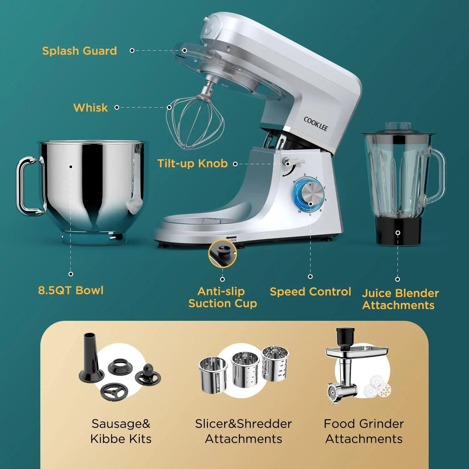 6-in-1 Stand Mixer, 8.5 qt. เครื่องผสมอาหารไฟฟ้ากับเครื่องตี, ปัด, ตะขอแป้ง, เครื่องบดเนื้อและเครื่องปั่น