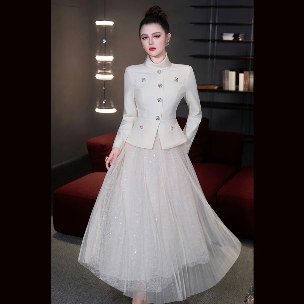 

Meyyithun High-End Women's Dress with Stand Collar Buttons Long Sleeve Mesh Fake Dress Autumn Winter Commute Simple High Waist