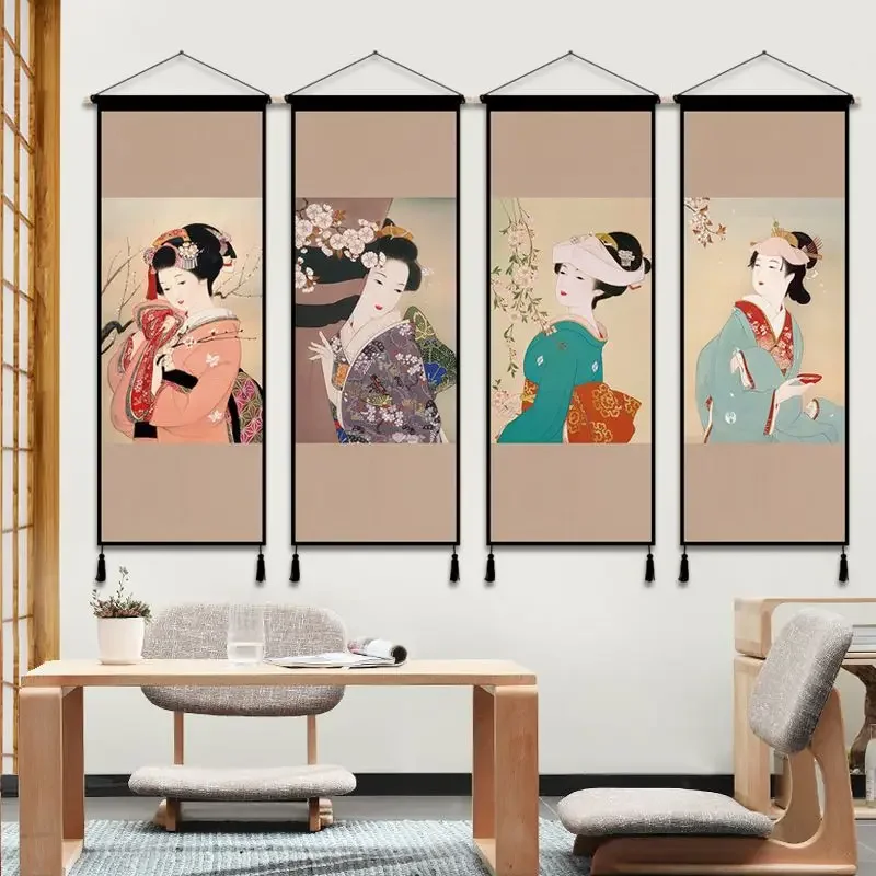 Japanese Style Ladies Picture Background Wall Fabric Tapestry Ukiyo-e Art Restaurant Living Room Hanging Cloth Painting