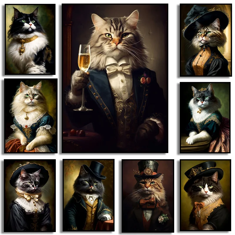 Renaissance European Aristocrat  Black Cat White Cat Drink Beer Poster Print on Canvas Wall Art Picture Room Home Decor Cuadros