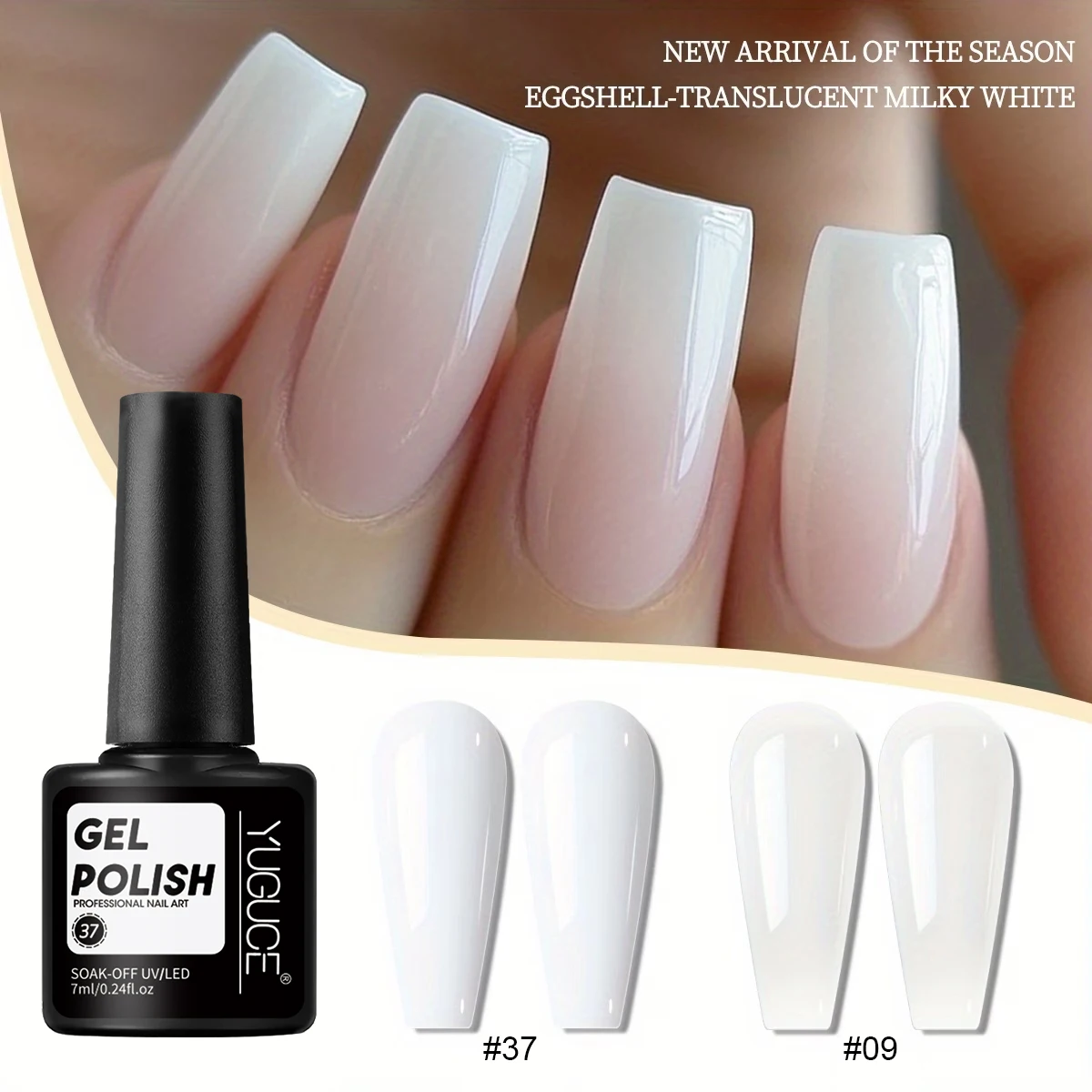 Two-piece set of pure white gel nail polish paired with nude translucent gel nail polish, removable UV LED curing nail gel polish, long-lasting shine, full color range of nail care products, suitable for nail salons and home DIY
