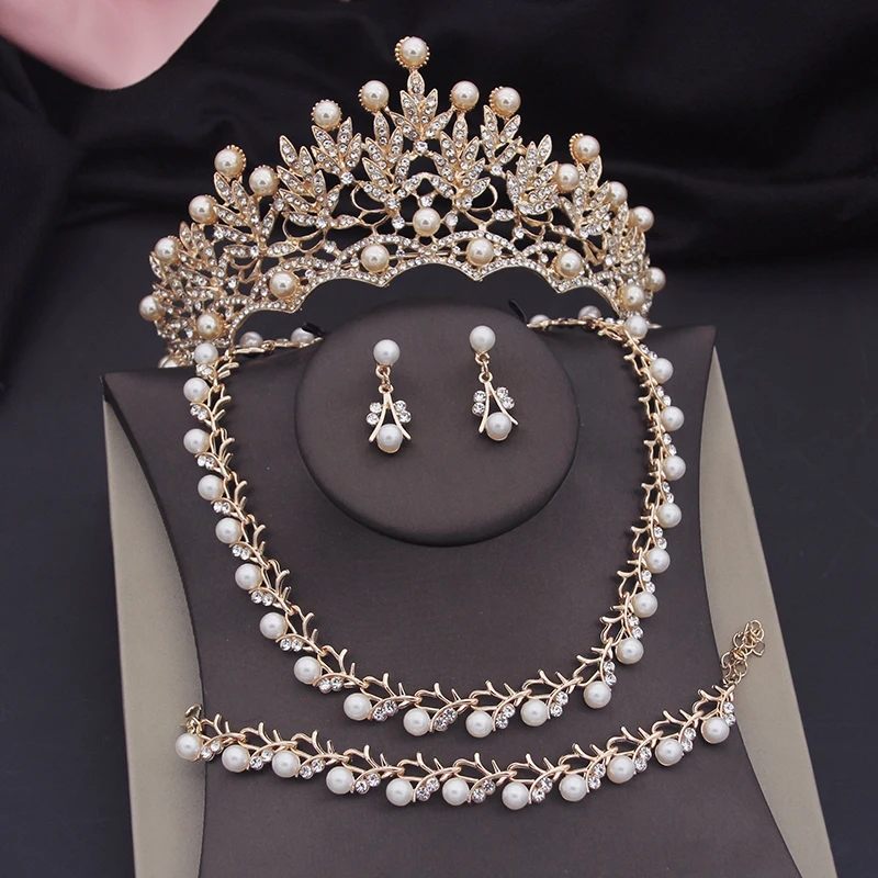 Luxury Pearls Bridal Jewelry Sets for Women Tiaras Bracelets Necklace Sets Wedding Crown Bride Jewelry Set Accessories