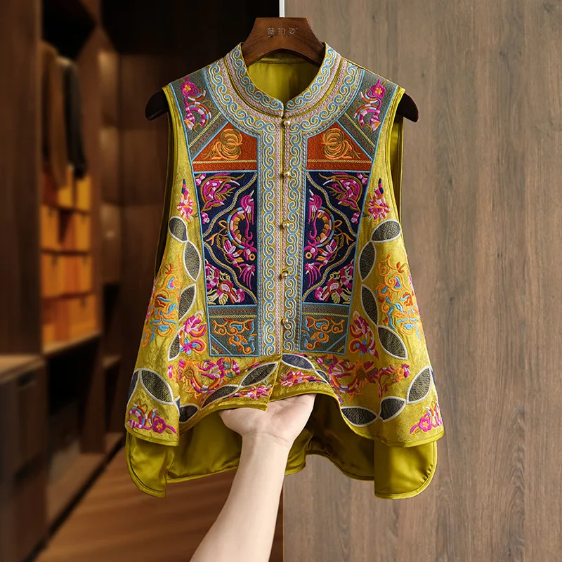 

Yellow Sleeveless Vest Women Embroider Flower Qipao Tops New Chinese Style Hanfu Costume Sleeveless Tank Tang Clothes Big Size