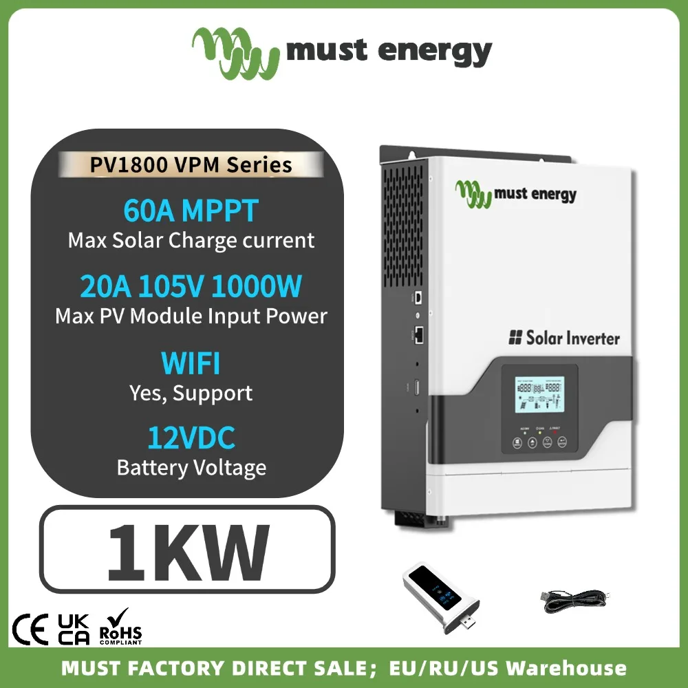 MUST 12V 1KW 1000W Hybrid Solar Inverter Off Grid Inverter LiFePO4 Charger High Frequency Build In MPPT 70A 105VDC 230VAC