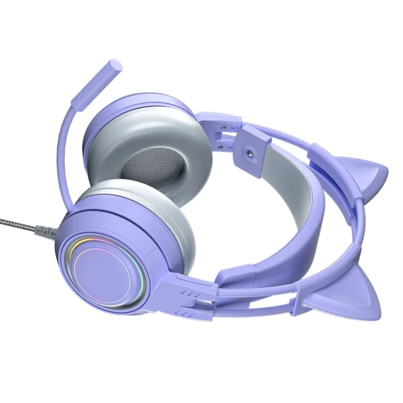 Cat Ear Headphones With Noise Reduction Mic For Girls All Wrapped Earcups Wired Over Ear Gaming Headset For PC Purple