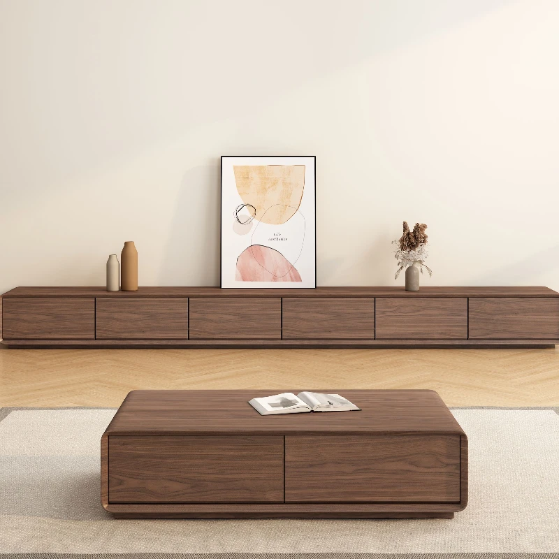 

Modern simple solid wood TV cabinet coffee table combination black walnut floor-to-ceiling large and small