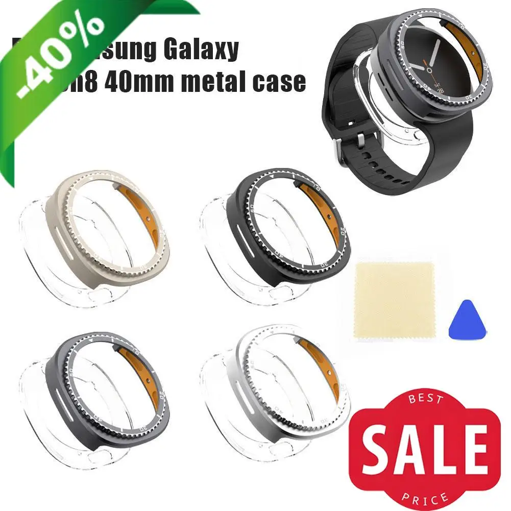 Lunetta in metallo per Samsung Galaxy Watch 8 Custodia con lunetta in acciaio inossidabile da 40 mm Custodia in metallo e protezione trasparente per cover posteriore in PC