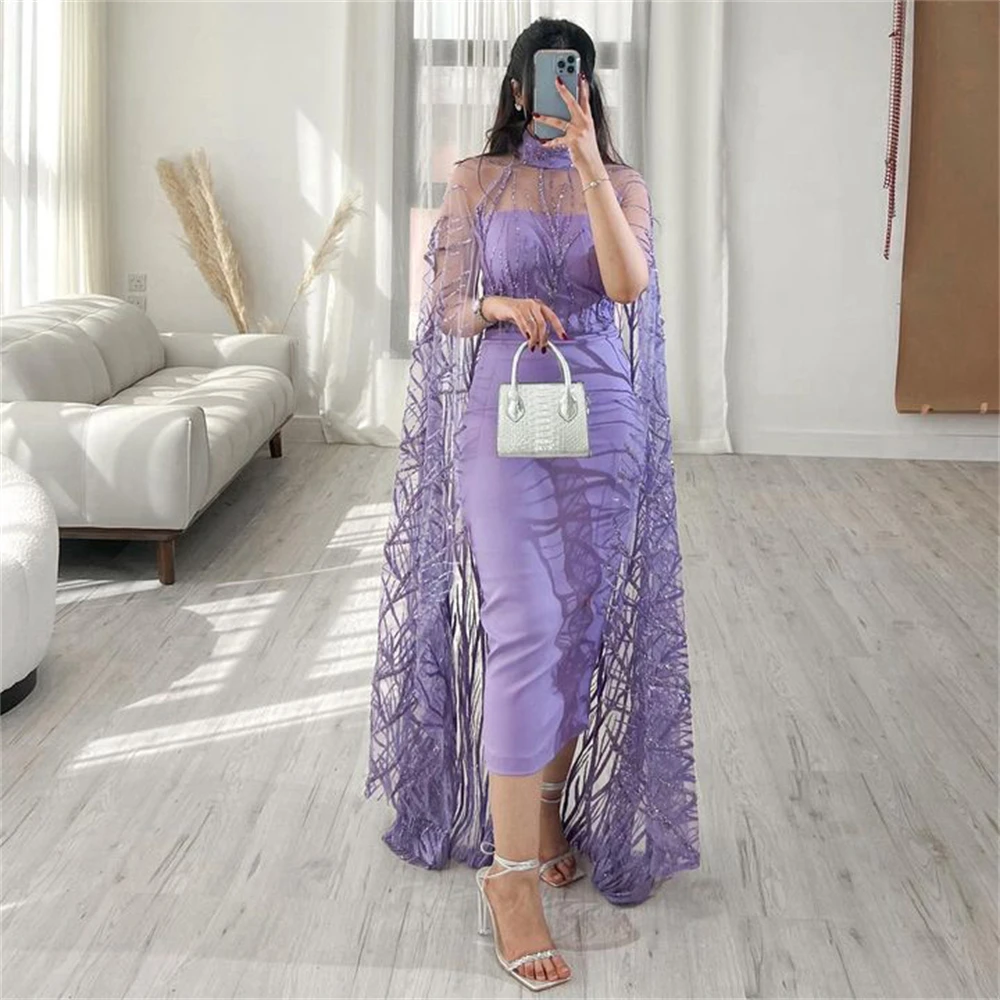 Tarot Dubai Purple Satin Sheath Evening Dresses High Neck With Lace Jacket Prom Gowns Tea-Length Elegant Party Dress For Women