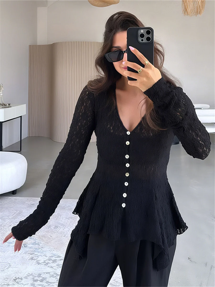 WEIRD PUSS Lace Patchwork Button Design Long Sleeve Open Cardigan Women's Fashionable Versatile Spicy Top Commute Style Slim ...