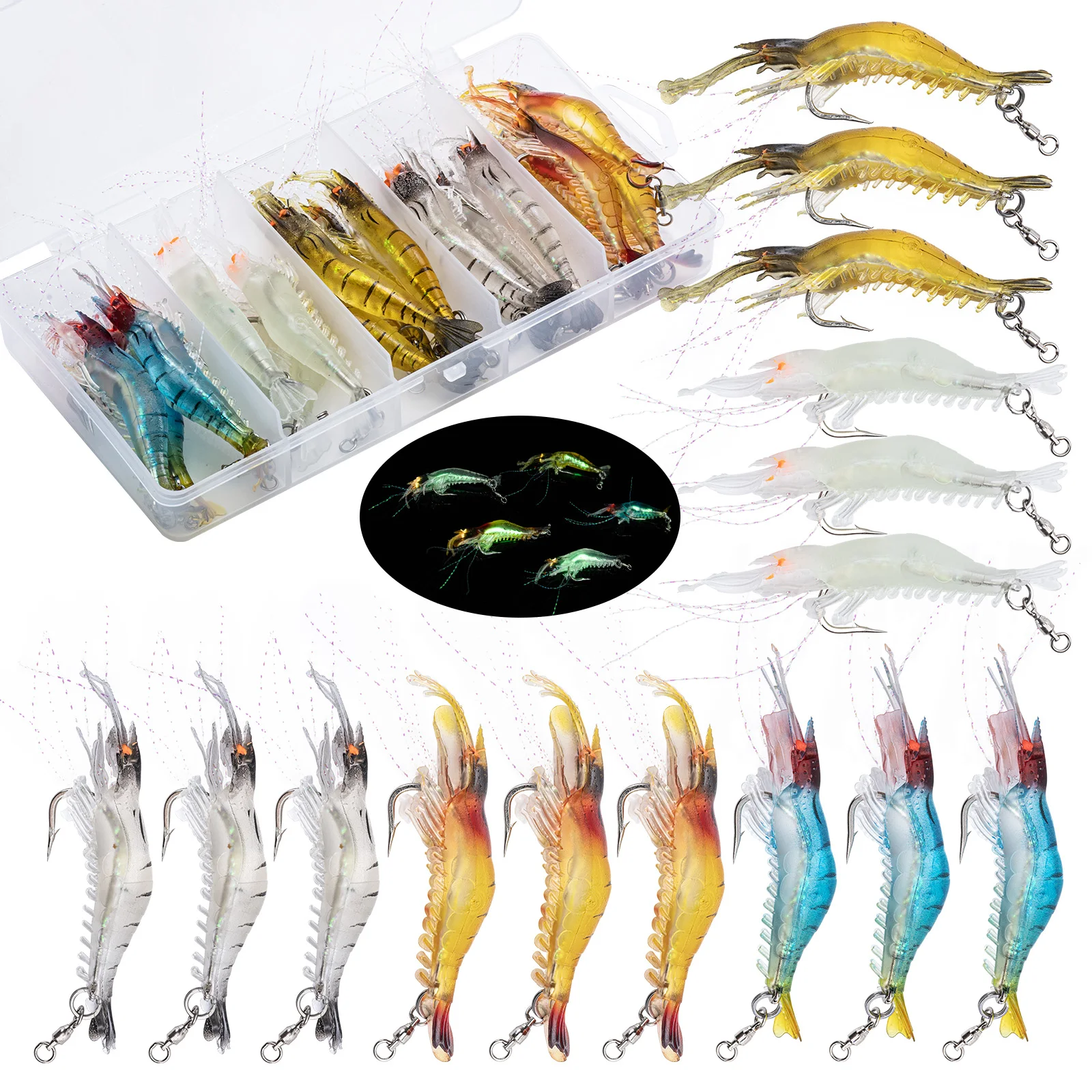 

Goture 7/15/20 шт. светящаяся приманка для ловли креветок, реалистичные цвета с 3D глазами и поворотной мягкой приманкой для морской/пресноводной воды для форели/окуса