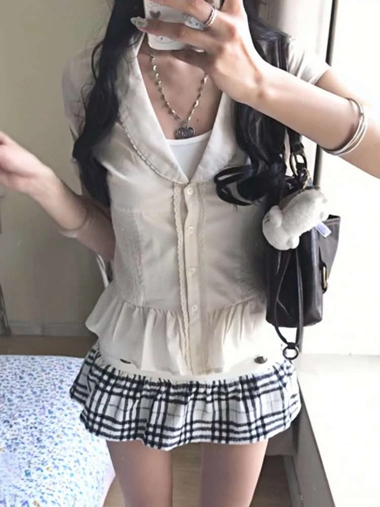 PBAP Y2K Woman Contrast Uniform Skirt Kawaii Causal Buttoms Elastic Waist Checkered A-line Mini Skirt Sexy Gyaru Summer Clothes