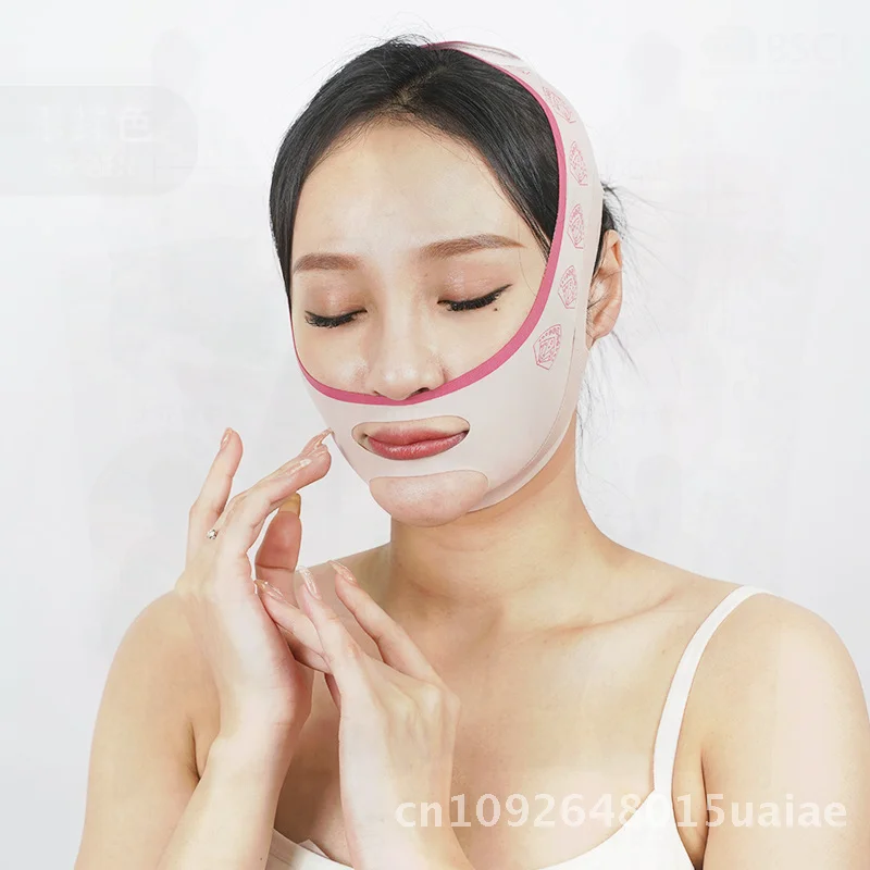 Maschera per bendaggi per il rafforzamento rapido con sollevamento a V per modellare il viso, bordo rosso rosa, intaglio, massaggiatore per giorno e notte senza soluzione di continuità, strumento di bellezza per il viso