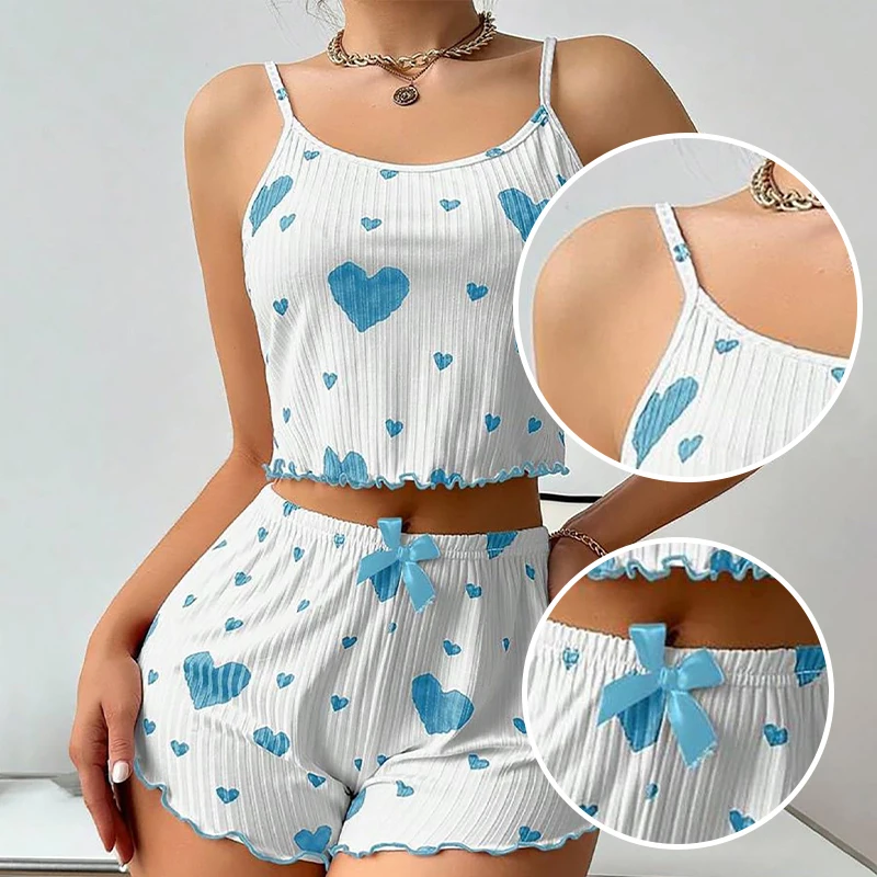 Ladies\' Summer Two-Piece Printed Ice Silk Suspender Pajama Set with Heart-Shaped Printed Bow Decoration Pajama Set