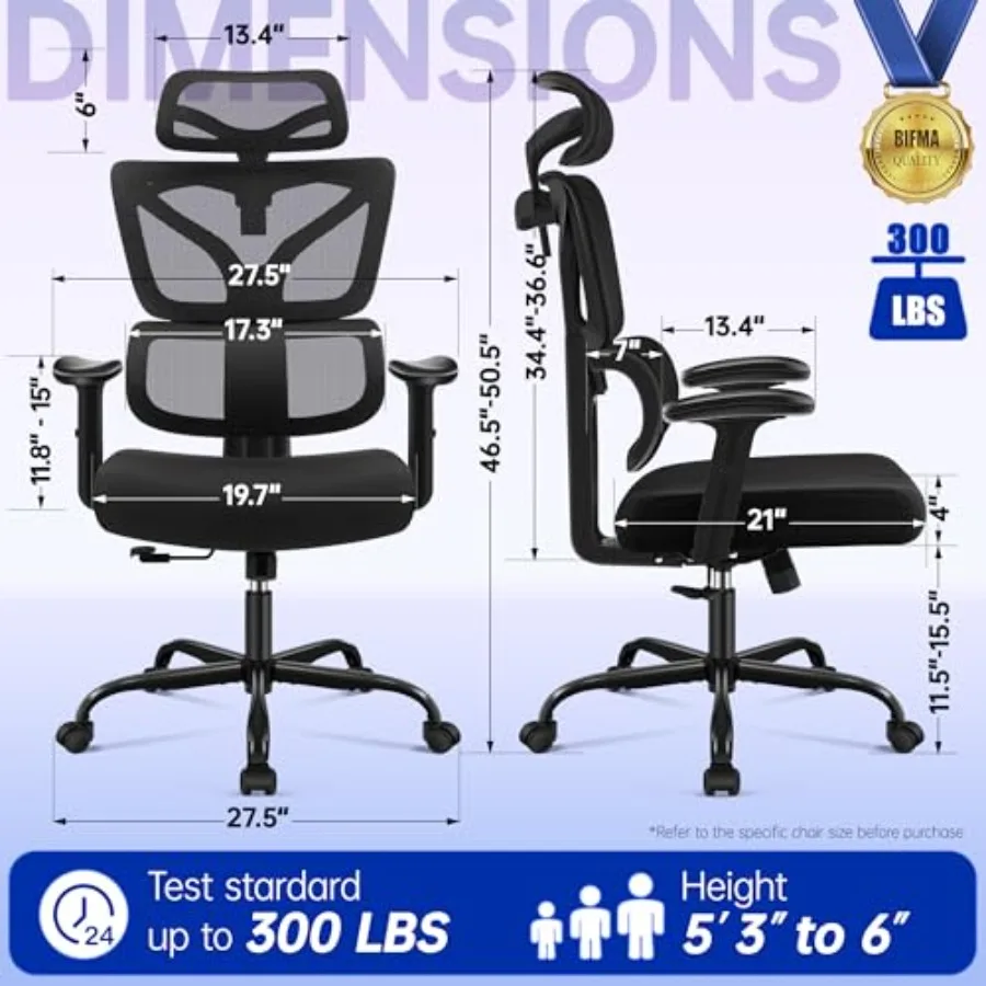 Ergonomic Office Chair, High Back Mesh Computer Chair with Comfortable Adaptive Lumbar Support, Built-in Coat Hanger, SGS Class view 2