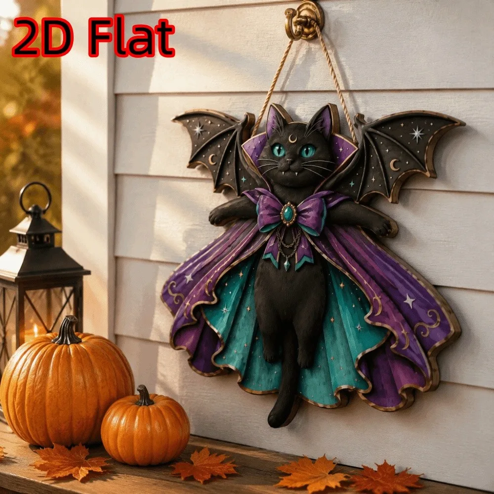 2D Flat Halloween Black Cat Door Sign Vintage Style Moon Star Holiday Bat Wing Cat Pendant Gothic Bow Knot Bat Cat Wall Hanging