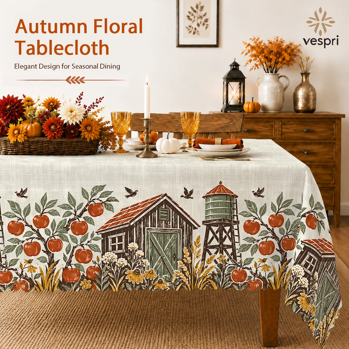Country Tablecloth with Barns & Wheat for Indoor/Outdoor Camping decor, Rectangular/Round/Oval