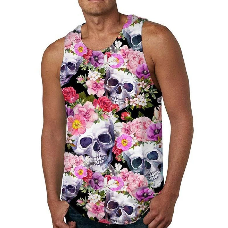 3D Skull Tank For Men's Summer Street Flowers Hawaii Man Vest Sleeveless Shirts Round-Neck Plus Size Tops 6XL Sports Tank Tops