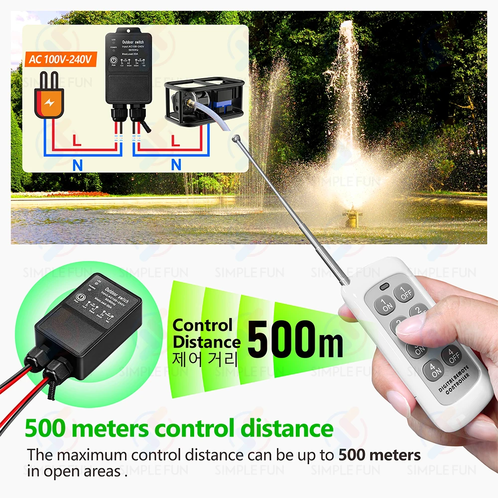 433Mhz Wireless Remote Control Switch 110V 220V Outdoor Waterproof,500m Control Range,30A High Power Relay,for Pump Lamp Fan