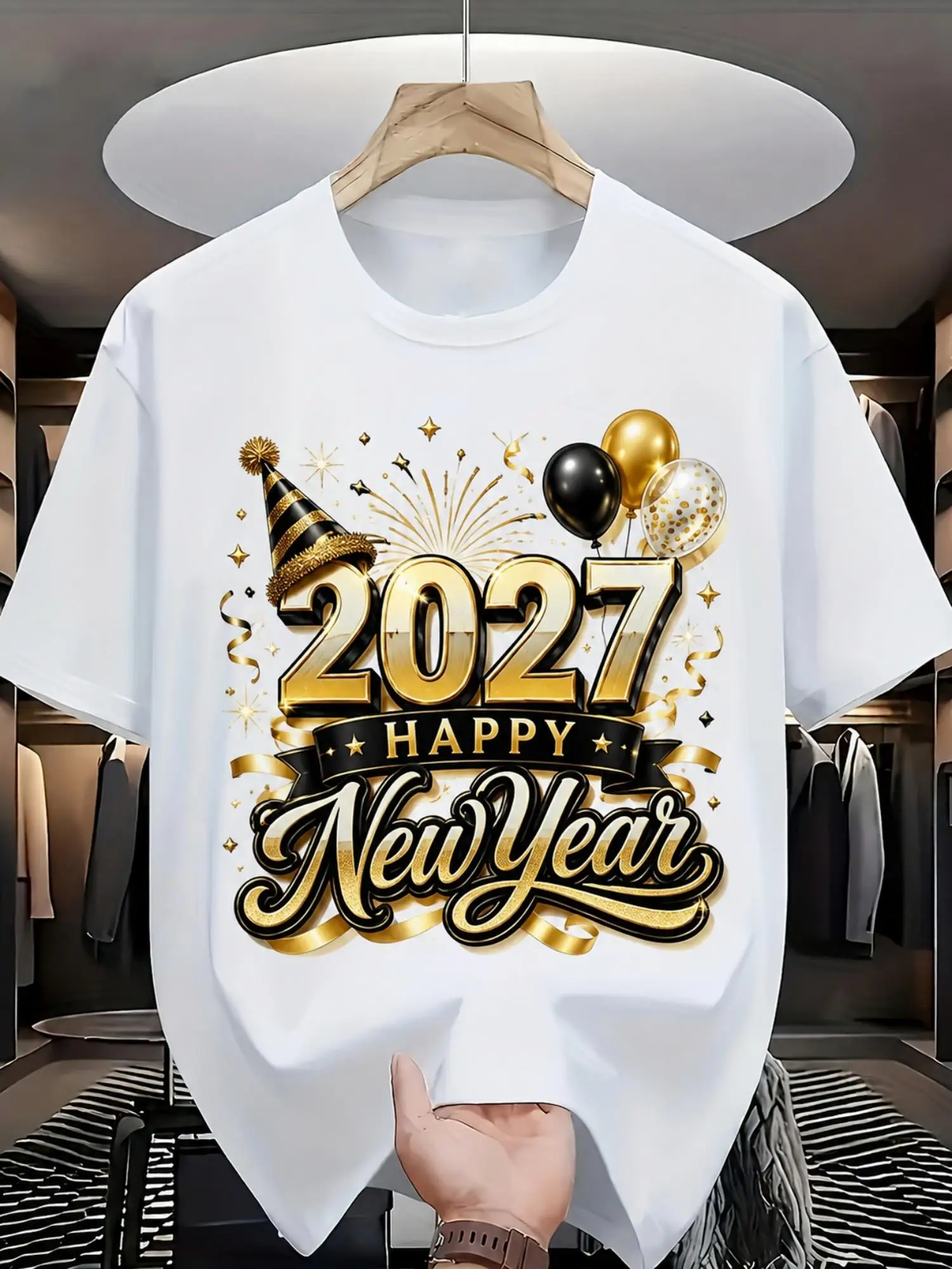 Men And Women Happy New Year 2027 Graphic Crew Neck Short Sleeve T-Shirt Golden Balloon Confetti New Year Party Print Casual Holiday White Tee