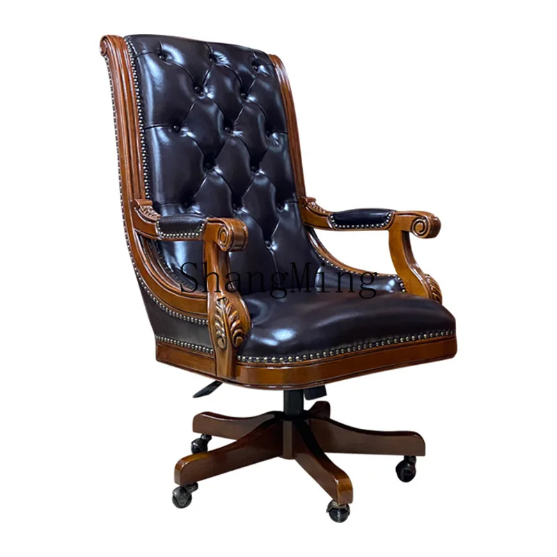 

CL Solid Wood Office Swivel Chair Vintage Genuine Leather Carved Computer Chair AH229
