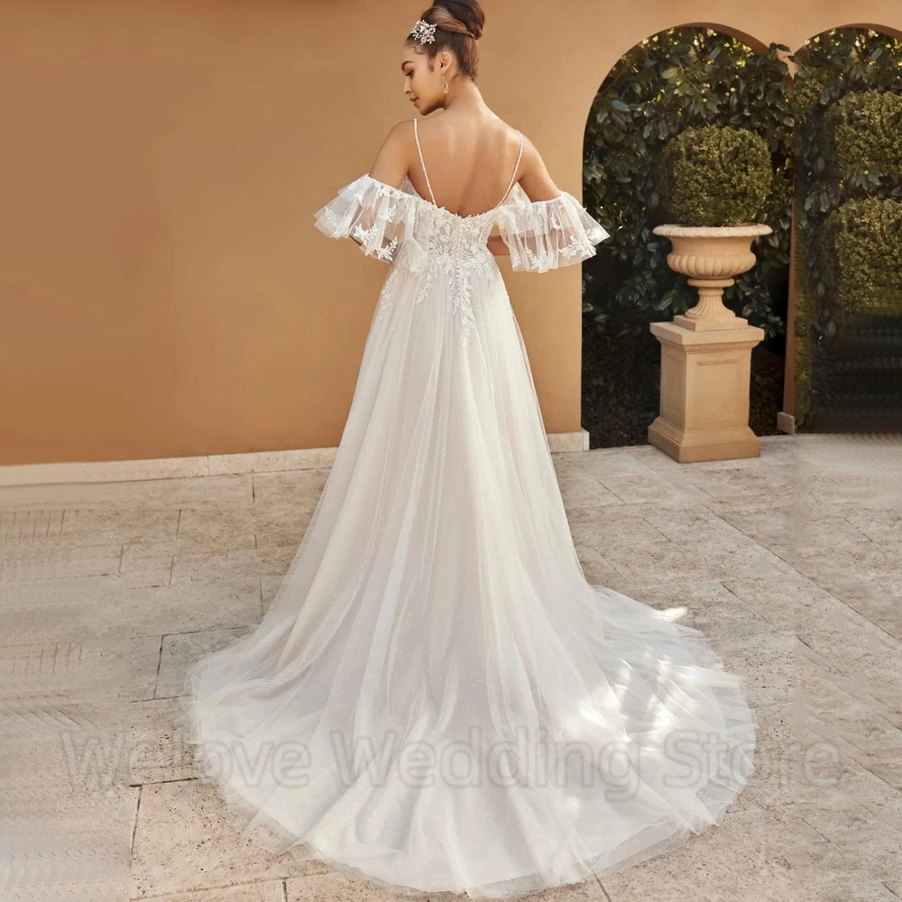Welove Bride Side Slit A-Line Wedding Dress Spaghetti Straps Off the Shoulder Short Sleeves Tulle Applique Floor Length Gowns