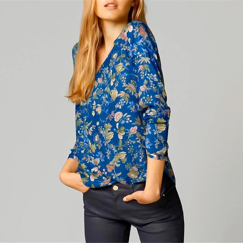 Women Elegant Shirts & blouses Vintage Floral Printing Long Sleeve Shirt Female Clothing Casual Tops Blue Flower Pattern Shirt