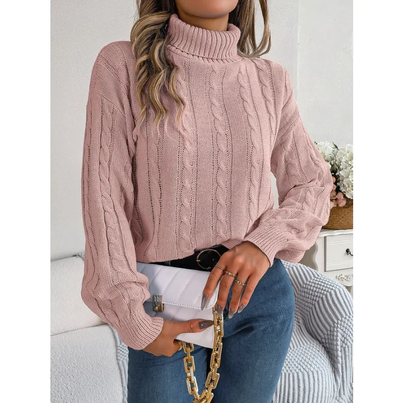 Women's Casual Solid Twists Long Sleeve High Neck Sweater Autumn and Winter Personalized Street Woman Fashion Knitted Pullovers