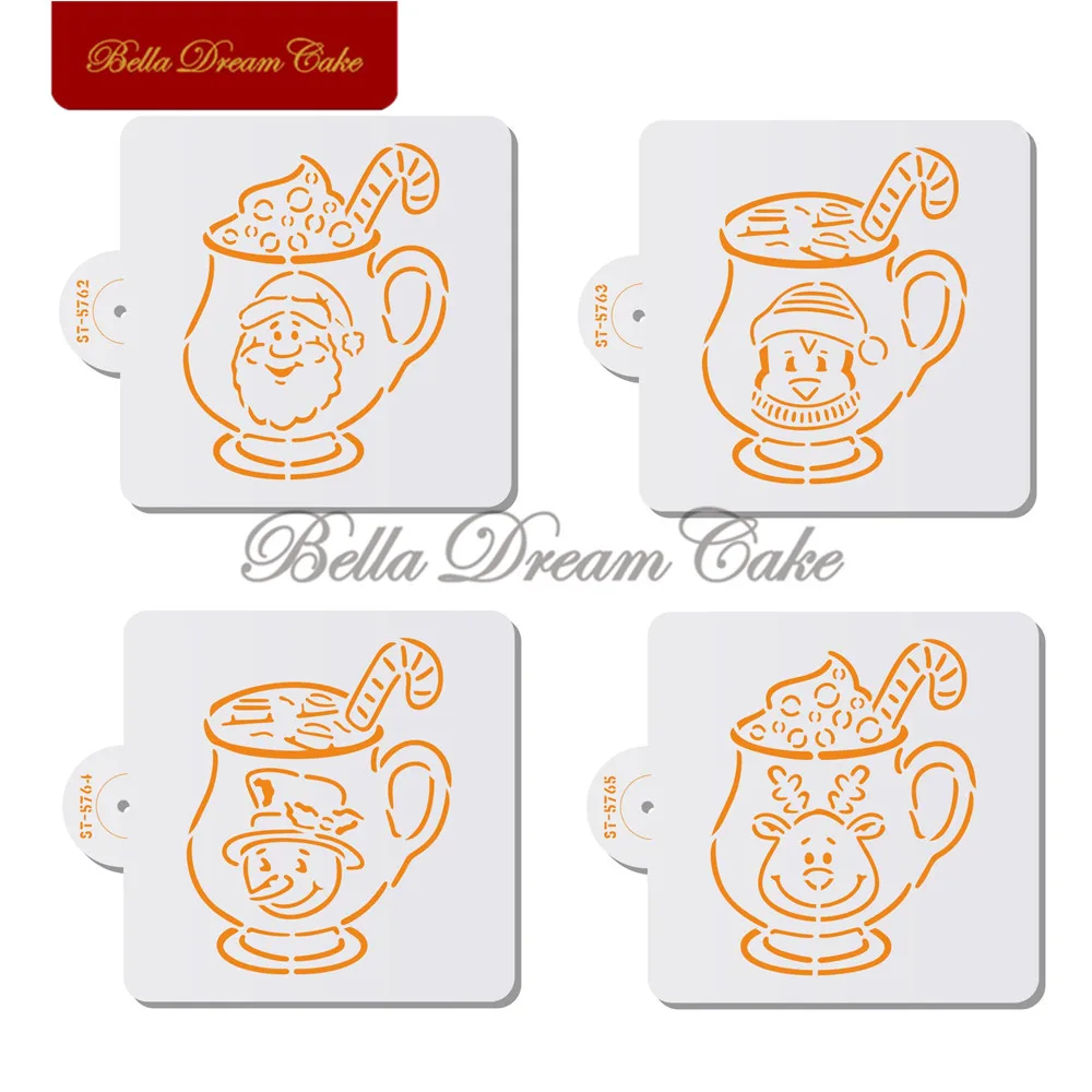 4pcs/set Christmas Cup Cookies Stencil DIY Fondant Biscuit Mold PET Chocolate Coffee Template Cake Decorating Tools Bakeware