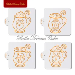 4pcs/set Christmas Cup Cookies Stencil DIY Fondant Biscuit Mold PET Chocolate Coffee Template Cake Decorating Tools Bakeware