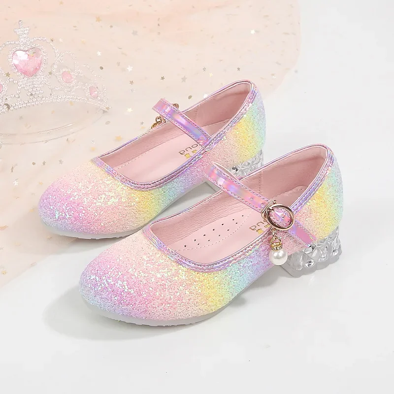 

Girl Princess Shoes Spring Bow Fashion Soft Bottom Anti Slip Children's Performance Leather Shoes Rainbow Girl's High Heels